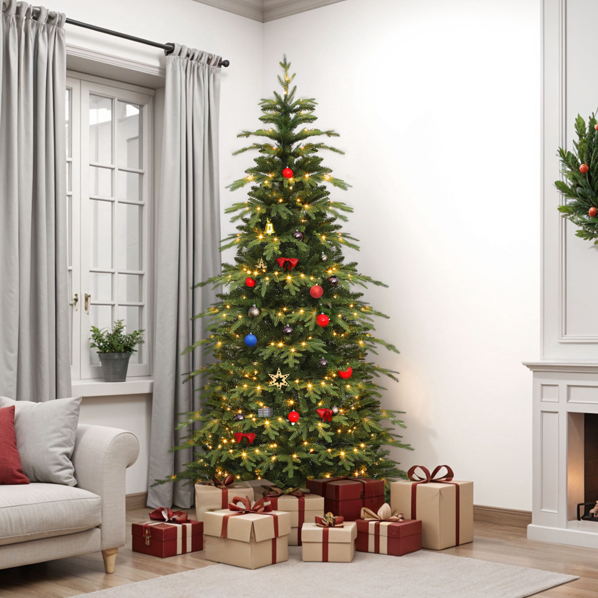 Uforic 7.5 ft Pre-lit Slim Pencil Artificial Christmas Tree with 2199 PE&PVC Tips & 400 Lights,11 Light Modes, Green
