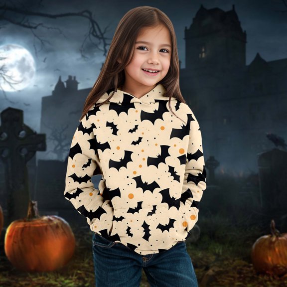 Hpapadks Hoodies for Boys Children Spooky Print Hoodie Long Sleeve Casual Pullover Baby Sweatshirt Beige 4-5 Years