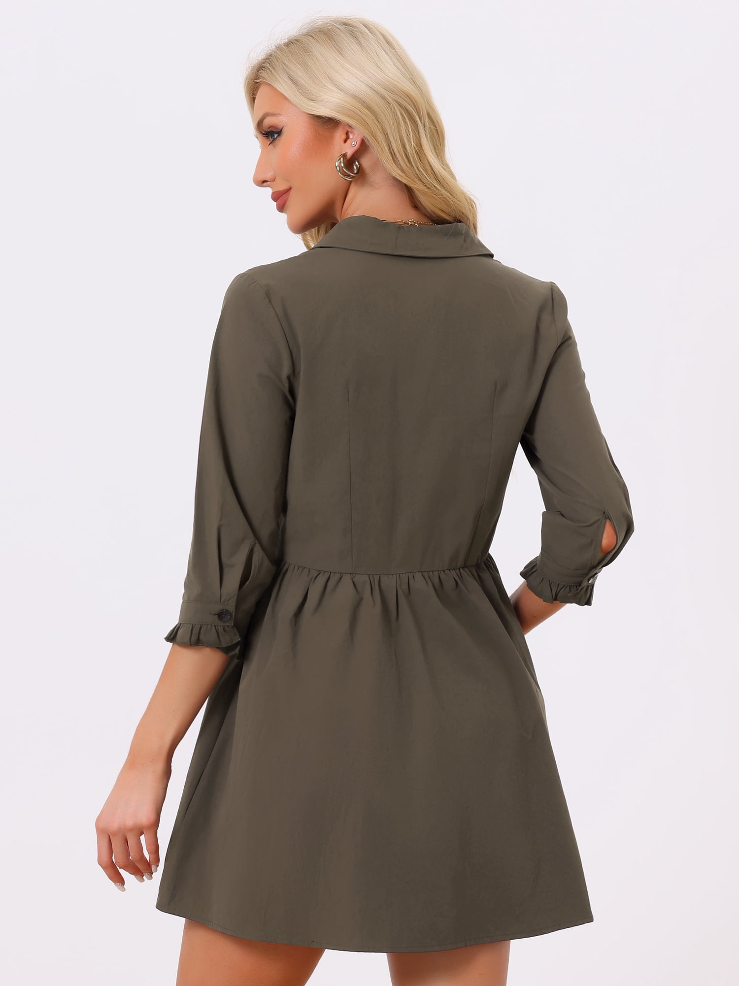 DARING DIVA Elegant Collar Flare 3/4 Sleeve Button Mini Shirt Dress M Dark Brown