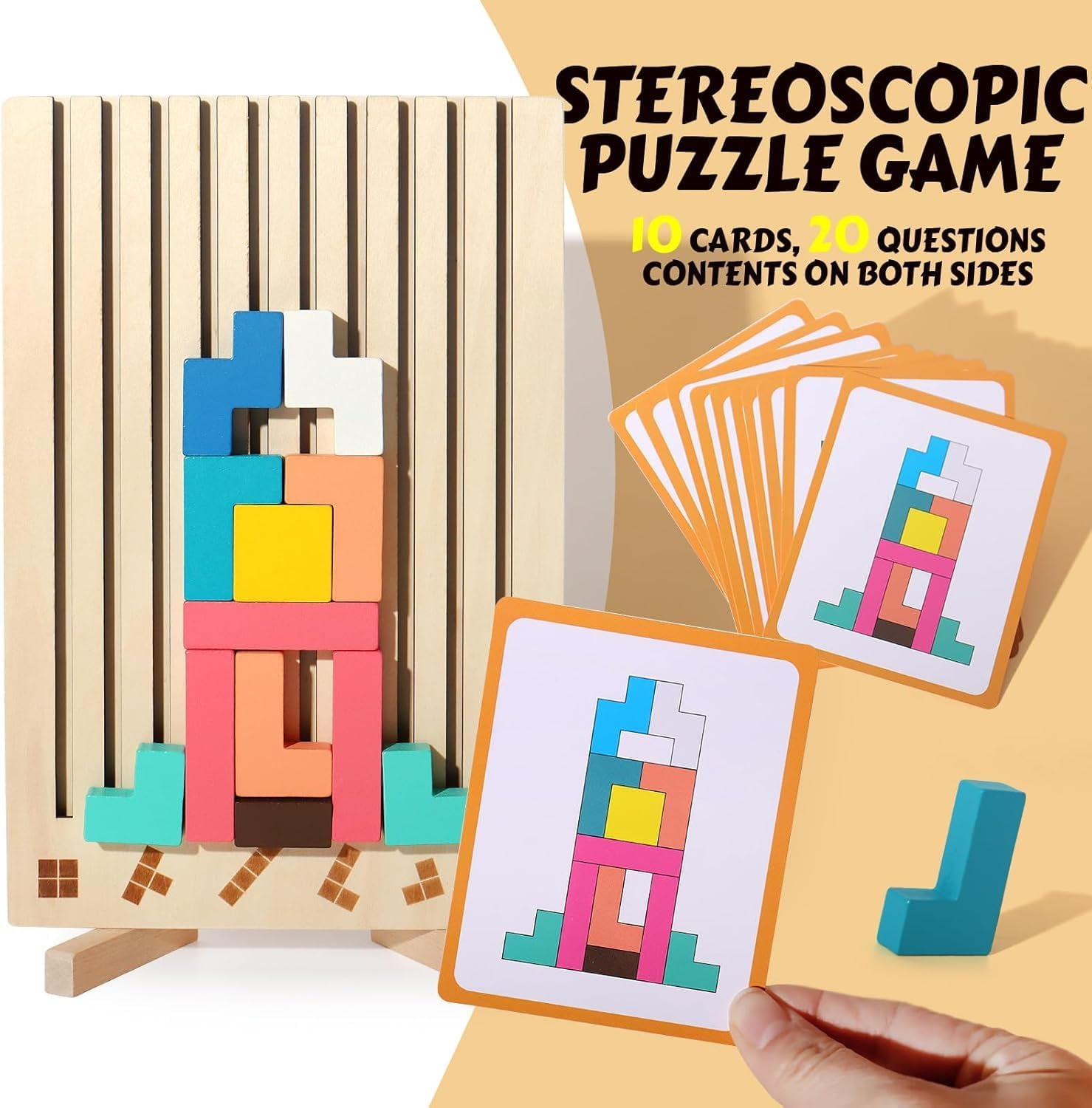 Wooden Colored 3D Russian Block PuzzleToys,  Jigsaw Stacking Montessori Toys Educational Gift, Board Game 10-Card and 42-Piece Puzzle Toys Brain Blocks Teasers for 3-6 Years