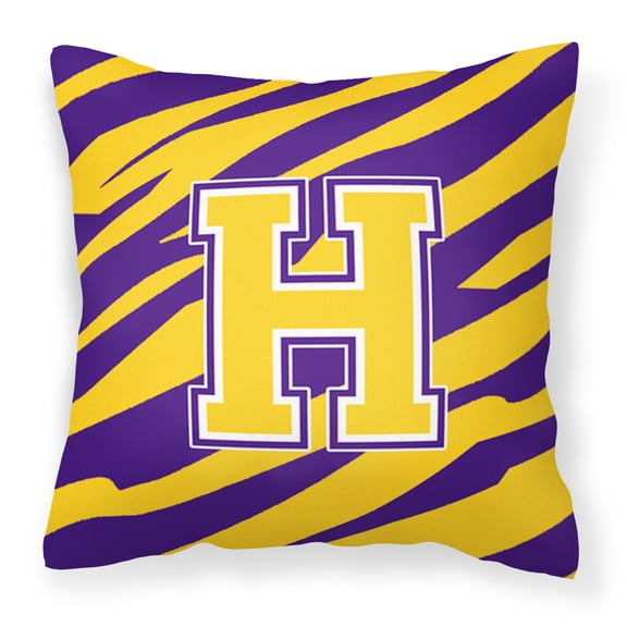 Carolines Treasures CJ1022-HPW1414 Monogram - Tiger Stripe - Purple Gold Decorative Fabric Pillow - 14 x 14 in.- Initial H