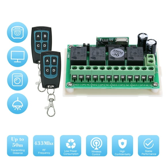 DC 4CH Channel 433Mhz Wireless RF Switch Long Wireless Remote Control Switch DC12V RF Relay Receiver Module Transmitter Toggle Switch 1527 Chip Smart Home Automation (2 Transmitter & 1 Receiver)