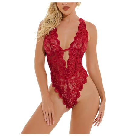 

DORKASM Womens Deep V Neck Sleepwear Sexy Snap Crotch Lingerie Babydoll Eyelash Lace Teddy Bodysuit One Piece 2XL