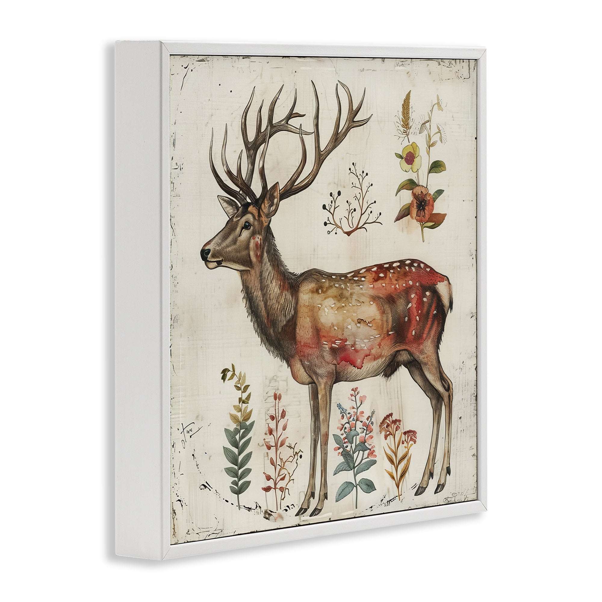 Stupell Industries Forest Elk with Botanicals Animals & Insects Painting White Framed Art Print Wall Art, 24 x 24