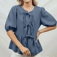 thumbnail image 7 of Women's Bow Tie Front Denim Shirt Puff Short Sleeve Crewneck Ruffle Hem Peplum Blouse Cute Y2K Jean Shirts, 7 of 7