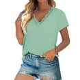 thumbnail image 3 of Scyoekwg Summer Casual Tops for Women Trendy Short Sleeve T Shirts Classic Solid Color Tshirt Loose Comfy Blouse V-Neck Lace Basic Tops Going Out Tops Blouses (Green,L), 3 of 6