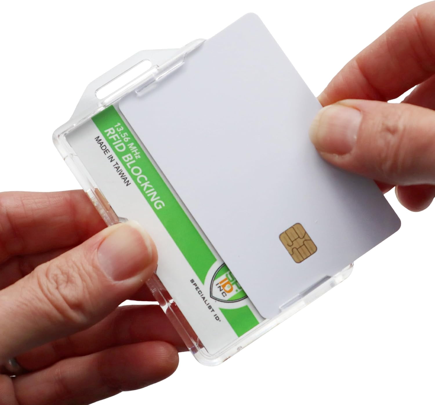 Bulk 20 Pack - SPECIALIST ID RFID Blocking Badge Holder - Secure 2 Card Holder for Government, HSPD-12, CAC, TWIC, PIV, Smart Cards - Durable Hard Plastic, Dual Sided, RFID Badge Protection (Clear)