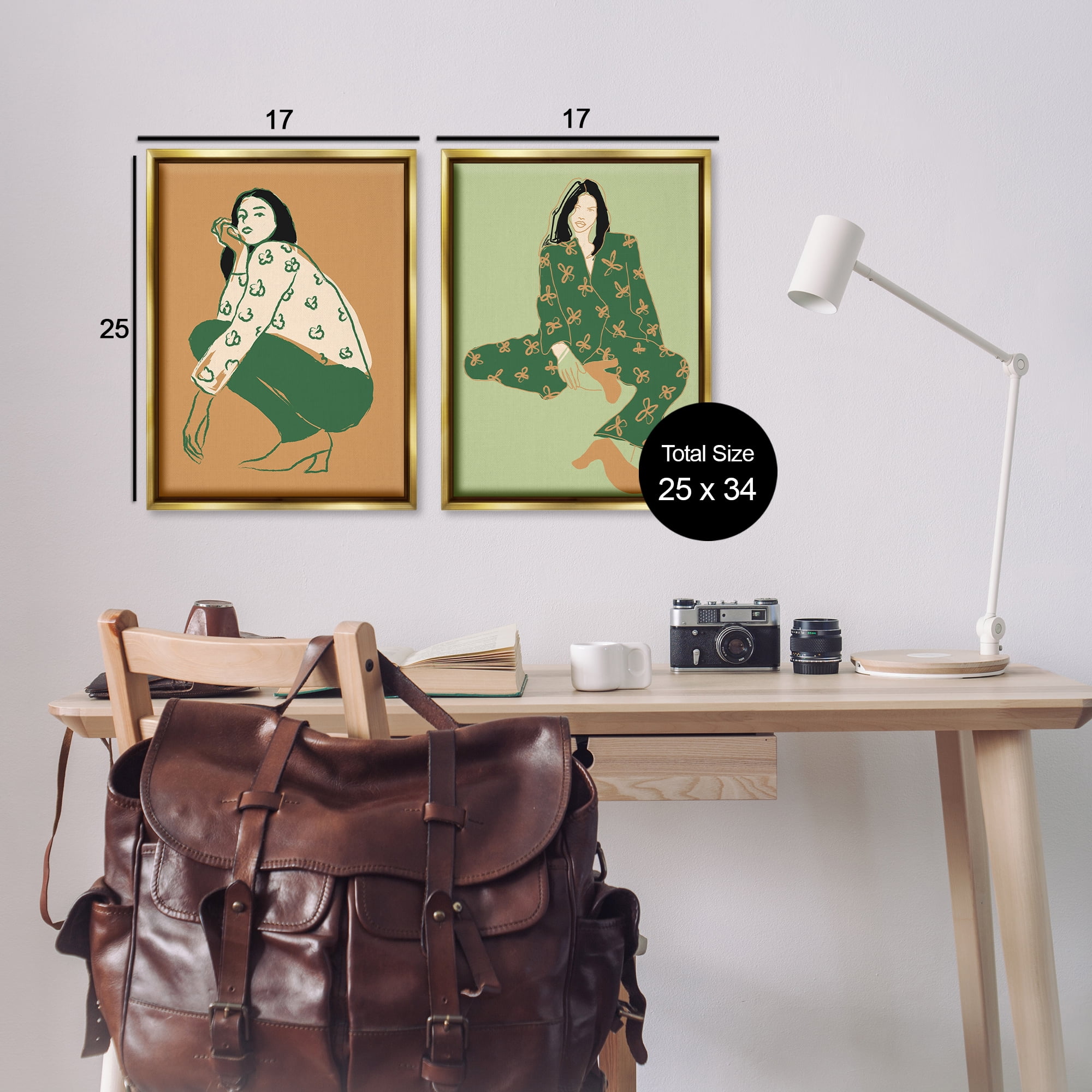 Stupell Industries Woman Stooping Sitting Pose People Painting Gold Floater Framed Canvas Art Print Wall Art, 17 x 25, Set of 2