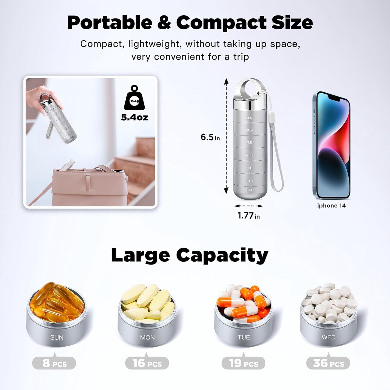 Metal Travel Pill Organizer, Portable Waterproof Weekly Pill Box, Large Aluminum Alloy Pill Case Container, BPA Free 7 Day Daily Medicine Organizer Holder for Vitamin, Fish Oil, Supplement