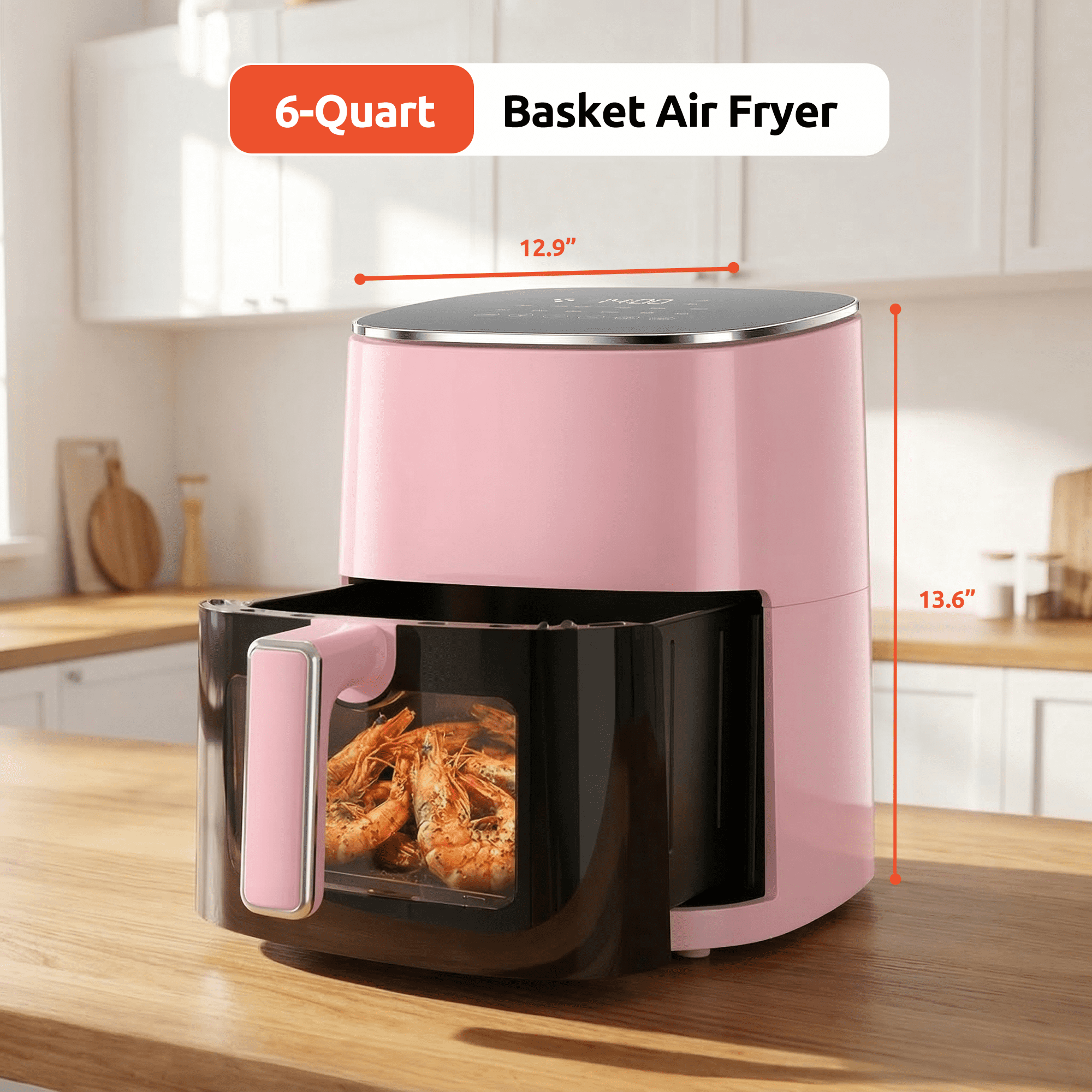 ROSVOVO Air Fryer 6-Quart with Viewing Window 12-in-1 Functions Digital Cooker for Crispy Fries Roasted Chicken Wings, 400°F Max Temperature, Pink
