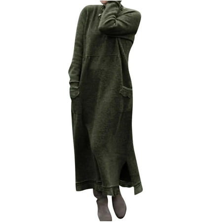 HAPIMO Women s Maxi Dress Long Sweatshirt Tops with Pocket Solid Color Lace Long Sleeve Spring Round Neck Elegant Casual Playwear Trendy Girls Army Green L