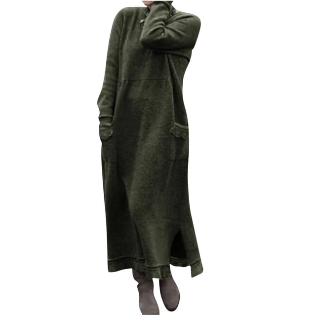 RKSTN Robes d'Automne pour Femmes 2023 Couleur Unie Mode Col Rond Hiver Robe Maxi Chaude Manches Longues Poches Vintage Robe Maxi