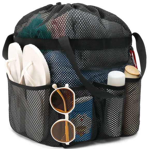 Fammart Mesh Shower Caddy Portable with Drawstring and 7 Deeper Pockets for College Dorm Essentials, Hanging Shower Caddy Basket,Quick-Dry Shower Tote Bag for Toiletry,Bathroom,Camp,Gym, Black