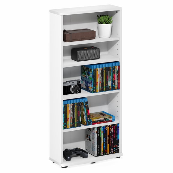 Furinno JAYA 5-Tier Media Storage Rack with Adjustable Open Shelves for CDs, DVDs, Blu-ray Discs and Games, White
