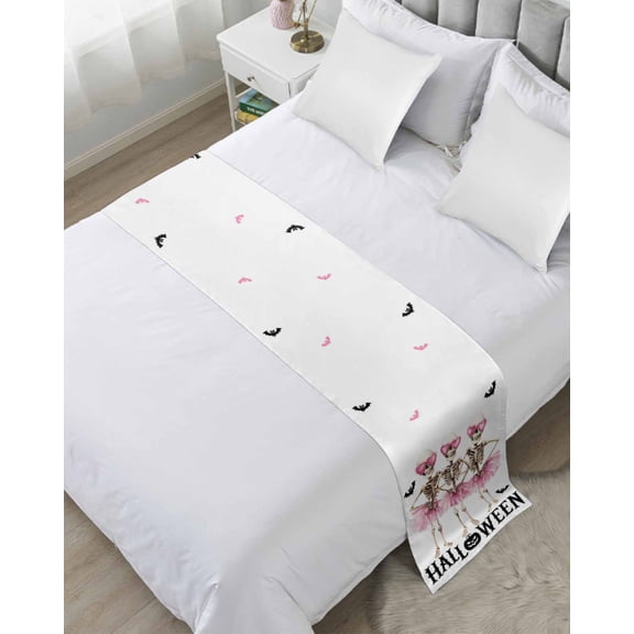 Bed Runner for King Size, Halloween Decorative Scarf Throws for Foot of Bed, Pink Ballet Skull Bat Luxury Bedding Protector Slipcover Bedrunners for Hotel/Home, 94 x 20 Inch