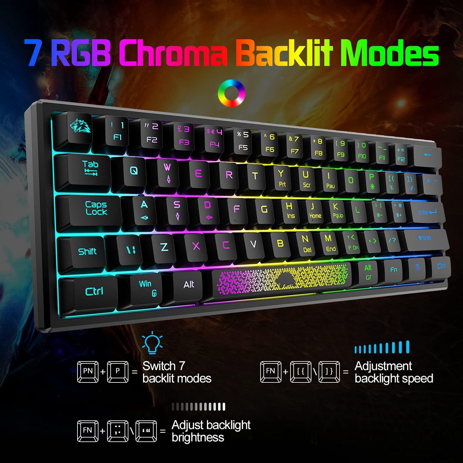 K61 UK Layout RGB 60% Gaming Keyboard Mouse Set Wired 62 Keys Mini Portable Keyboard 7 RGB LED Backlit 19 key Anti-ghosting + 2400 DPI Ultralight Gaming Mouse Ergonomic Honeycomb Shell +Mouse Pad
