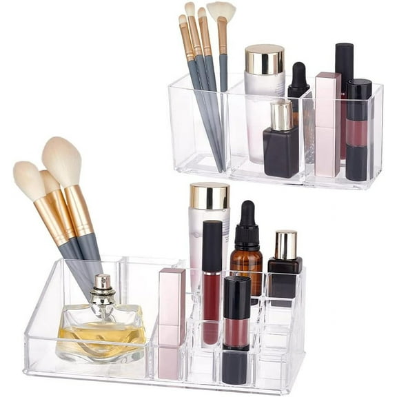 Clear Makeup Organizer 2 Style Acrylic Vanity Storage Case Display Cosmetic Storage Palette Tray Makeup Display Tray Case for Lipstick Brush Eyeshows Skin Care Products Nail-Polish Clear