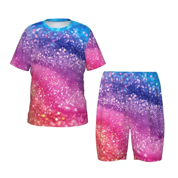 Fotbe Rainbow Glitter Cute Pijama Estampada de 2 Piezas para Niños – Ropa de Dormir de Manga Corta Cómoda para Niños y Niñas, Camiseta y Shorts de Algodón-Medium