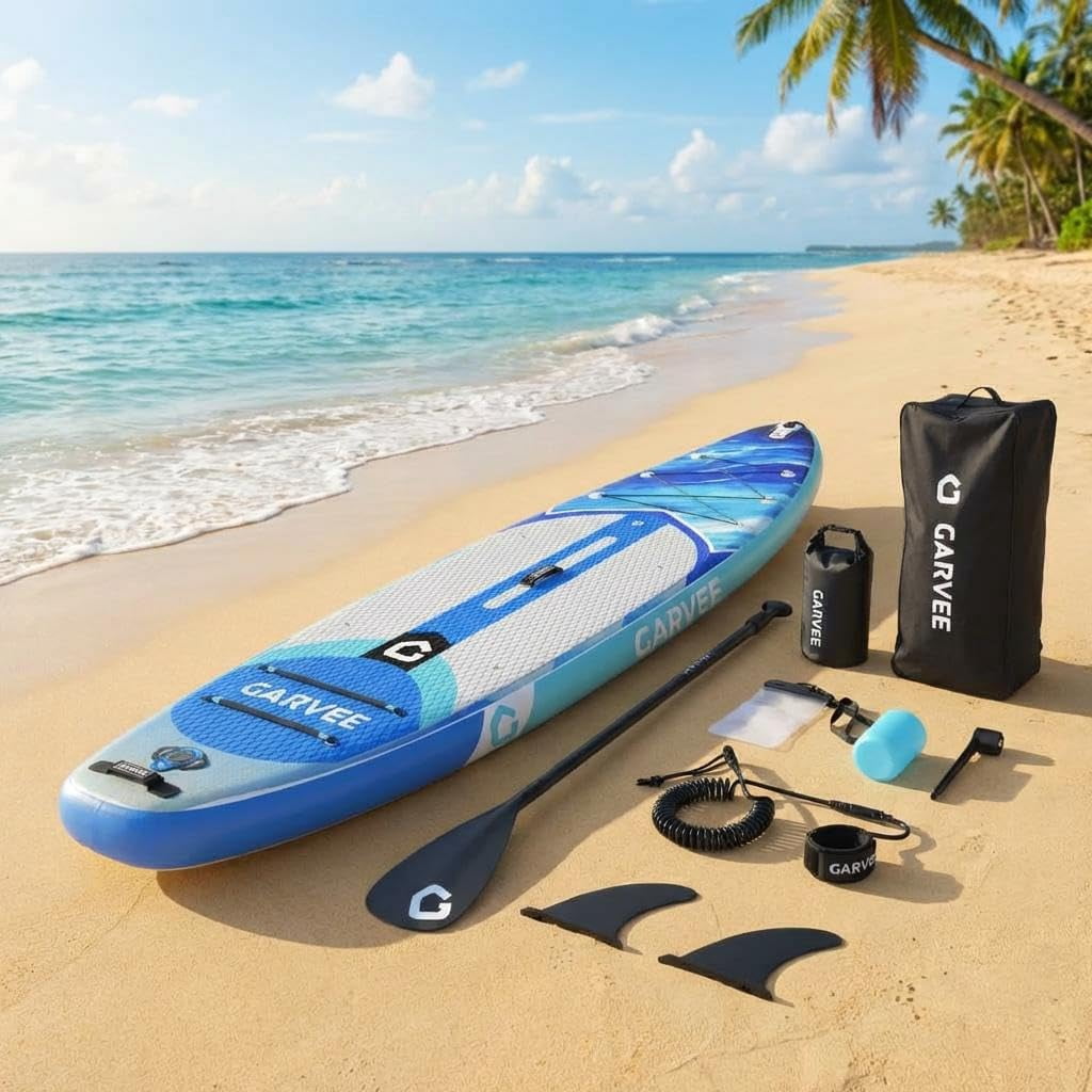 10.6 ft Inflatable Stand Up Paddle Board Set - 32" Wide Extra Stable SUP with Non-Slip EVA Deck, Aluminum Paddle, Double Action Pump, Backpack & Full Accessories - 350 lbs Max Load, Blue