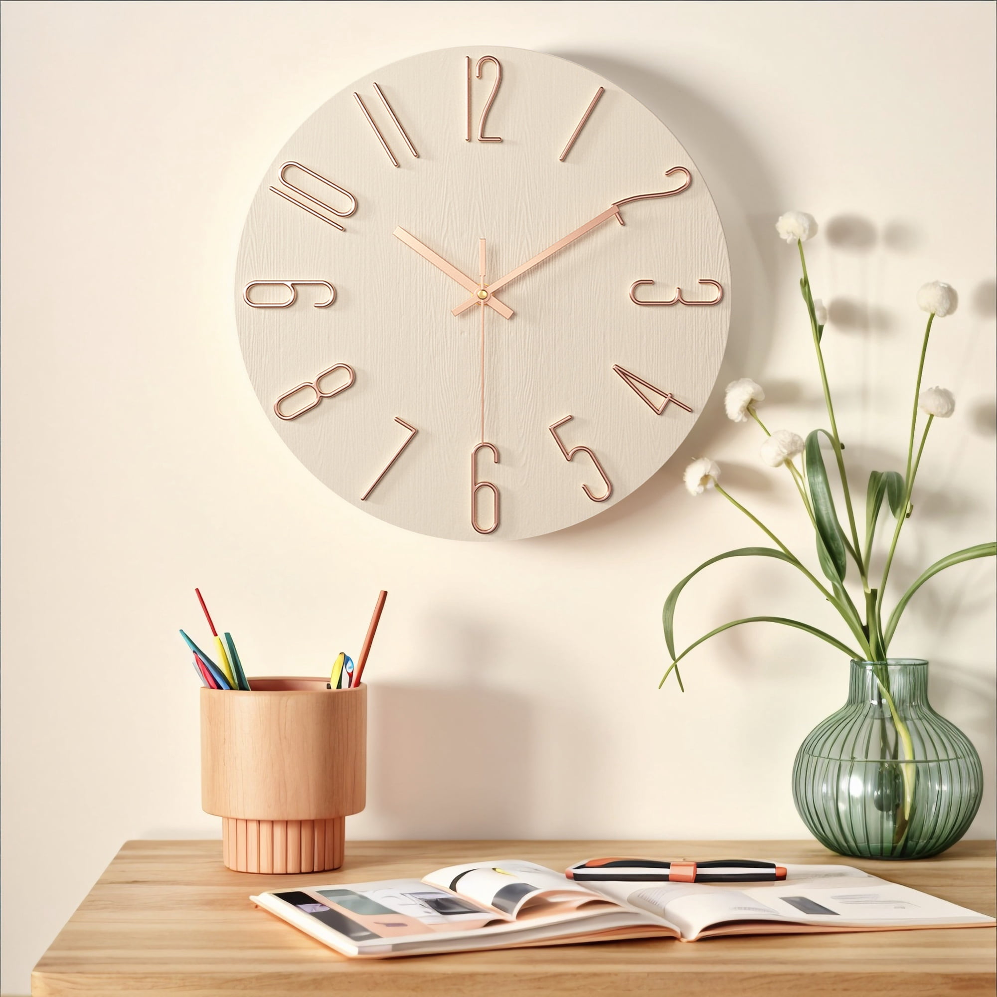 Unique Bargains 2 Pcs Analog Battery Operated Wall Clock 12 Inch Beige/Blue
