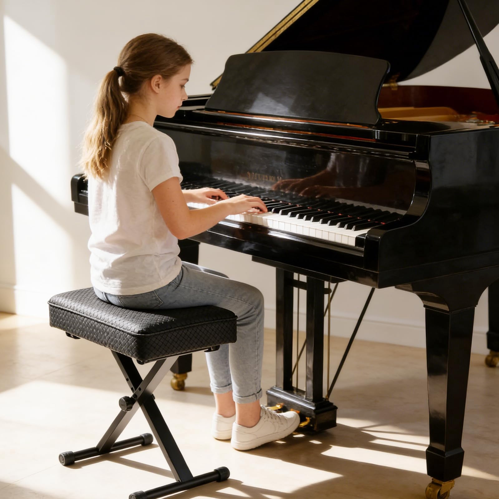 Adjustable Piano Bench Keyboard Stool - Extra Comfortable With 3.54 Inch Thickness Padded Cushion  X-style 3 Level Height Foldable&portable Chair Seat