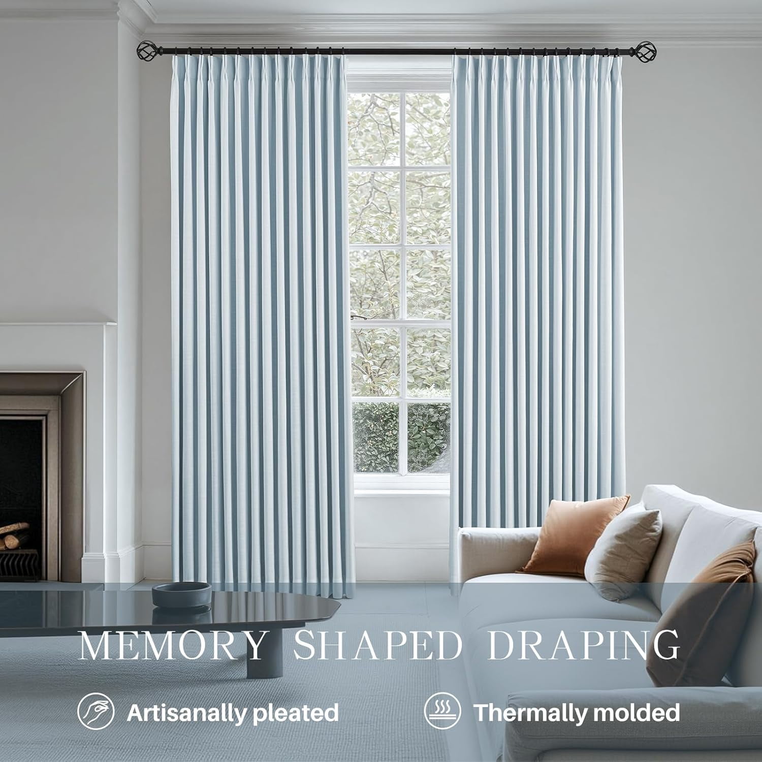 Galenzoov 40*95 inch Pinch Pleated Linen Curtains - 100% Black Out, Thermal Insulated Living Room Bedroom Curtain Double Layer Room Darkening Drapes with Hooks, 2 Panels, Blue