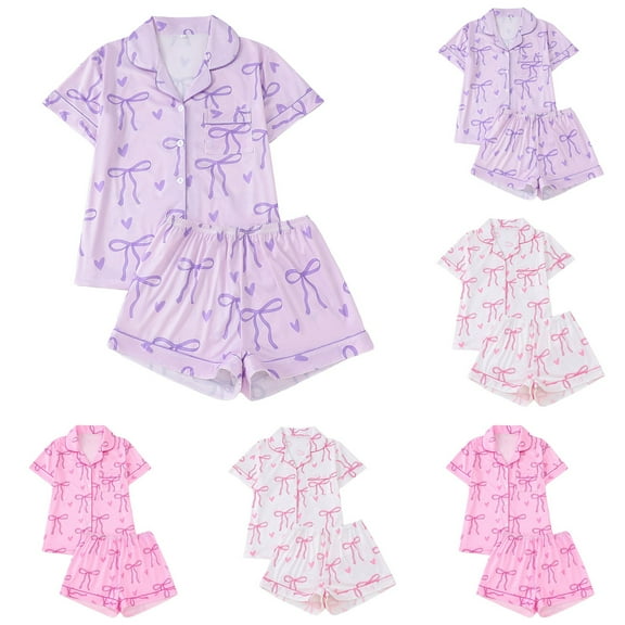 Valentines Pjs Women Couple Date Short Sleeve Shirts And Shorts 2 Piece Button Down Loungewear Heart Festive Gifts Bow Print Valentines Sleepwear