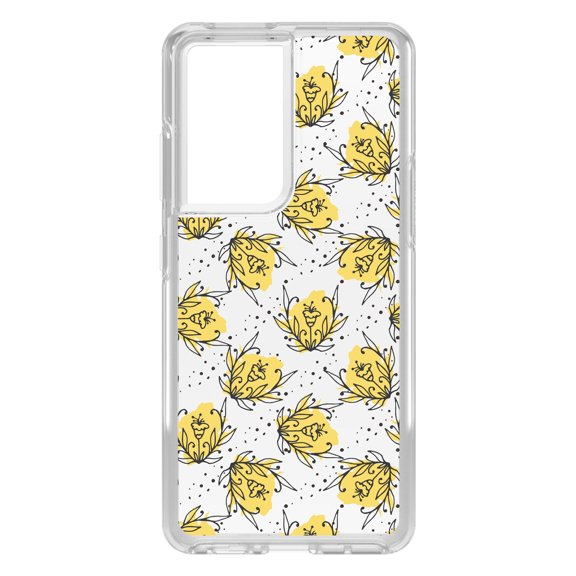 DistinctInk Clear Shockproof Hybrid Case for Galaxy S21 ULTRA 5G (6.8" Screen) - TPU Bumper Acrylic Back Tempered Glass Screen Protector - Wildflower Yellow Graffiti