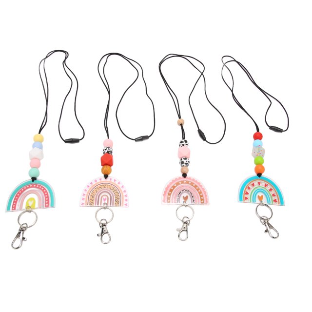 Uds. Cordón de profesor con cuentas de arcoíris para tarjetas de identificación y llaves, bonitos cordones acrílicos con cuentas de silicona de arcoíris con llavero