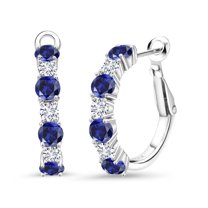 Gem Stone King 2.60 Cttw Blue Created Sapphire and White Lab Grown Diamond Hoop Earrings for Women | 925 Sterling Silver | Gemstone September Birthstone | Round 4MM and 3MM