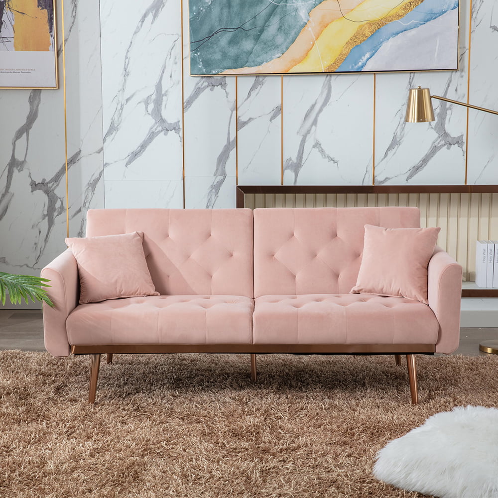 Modern Loveseat Velvet Couch Accent Sofa With Rose Gold Metal Feet Pillows Mid Century Convertible Futon Sofa Recliner Couch Sectional Sofa Living Room Furniture For Small Space Pink Q893 Walmart Com