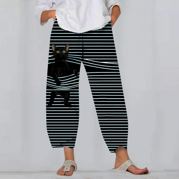 XZNGL Lounge Pants Women Womens Elastic Waist Cat Striped Pocket Loose Soft  Joggers Lounge Pants Loose Pants for Women Womens Pants Casual 