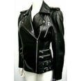 thumbnail image 2 of Women's Black Lambskin Real Leather Stylish Jacket Biker Motorcycle Slim Fit Collared Coat W495, 2 of 4