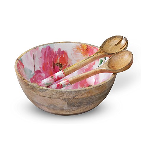 Wooden Salad Bowl Colorful Mixing and Serving Bowls Set with 2 Servers, Large Wood Container Set