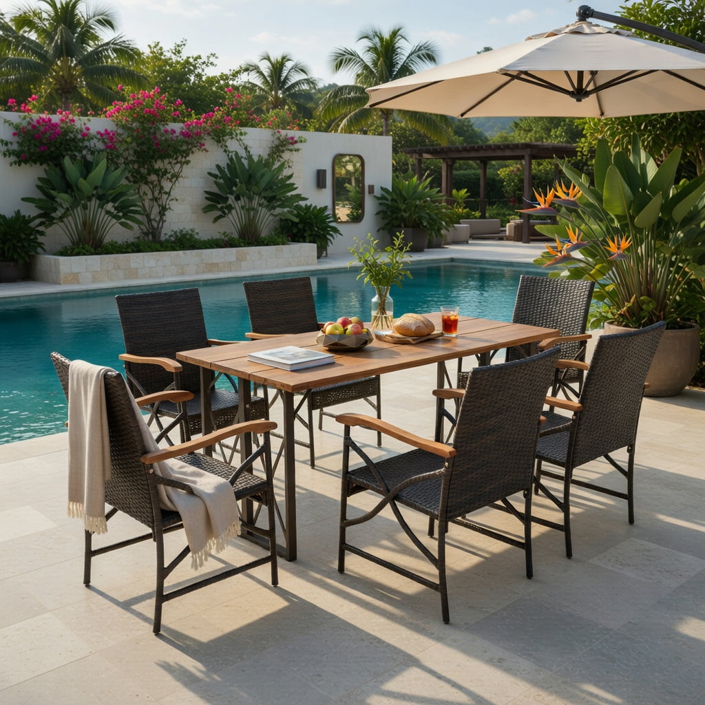 Hommoo Set of 4 Wicker Patio Chairs with Off-White Zippered Cushions, PE Rattan & Acacia Wood Outdoor Seating for Backyard, Poolside & Porch, Brown