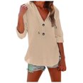 thumbnail image 4 of YWIYIUD Women Cotton Linen Lightweight Hooded Shirt Drawstring Button Down Blouses for Women Dressy Casual Short Sleeve V Neck Cardigan Summer Clothes Oversize Casual Blouses, 4 of 8