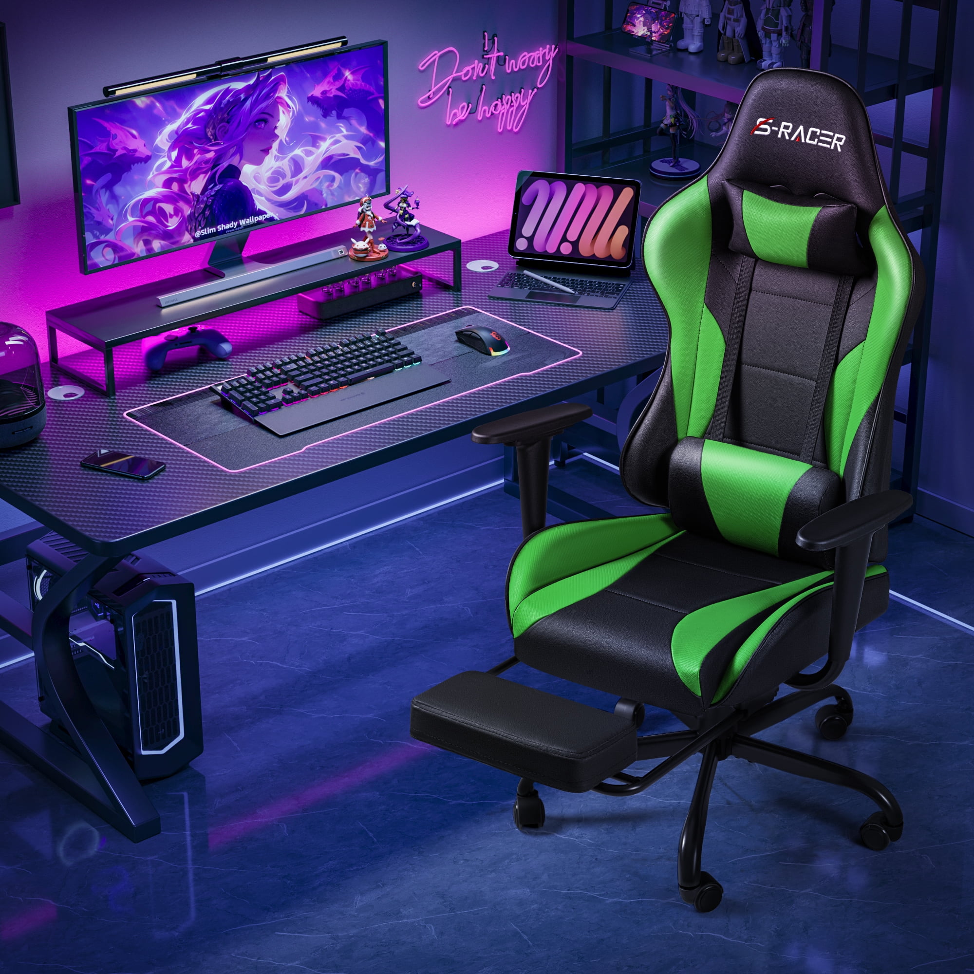 Homall Gaming Chair Massage Office Chair High Back PU Leather Chair with Footrest, Green