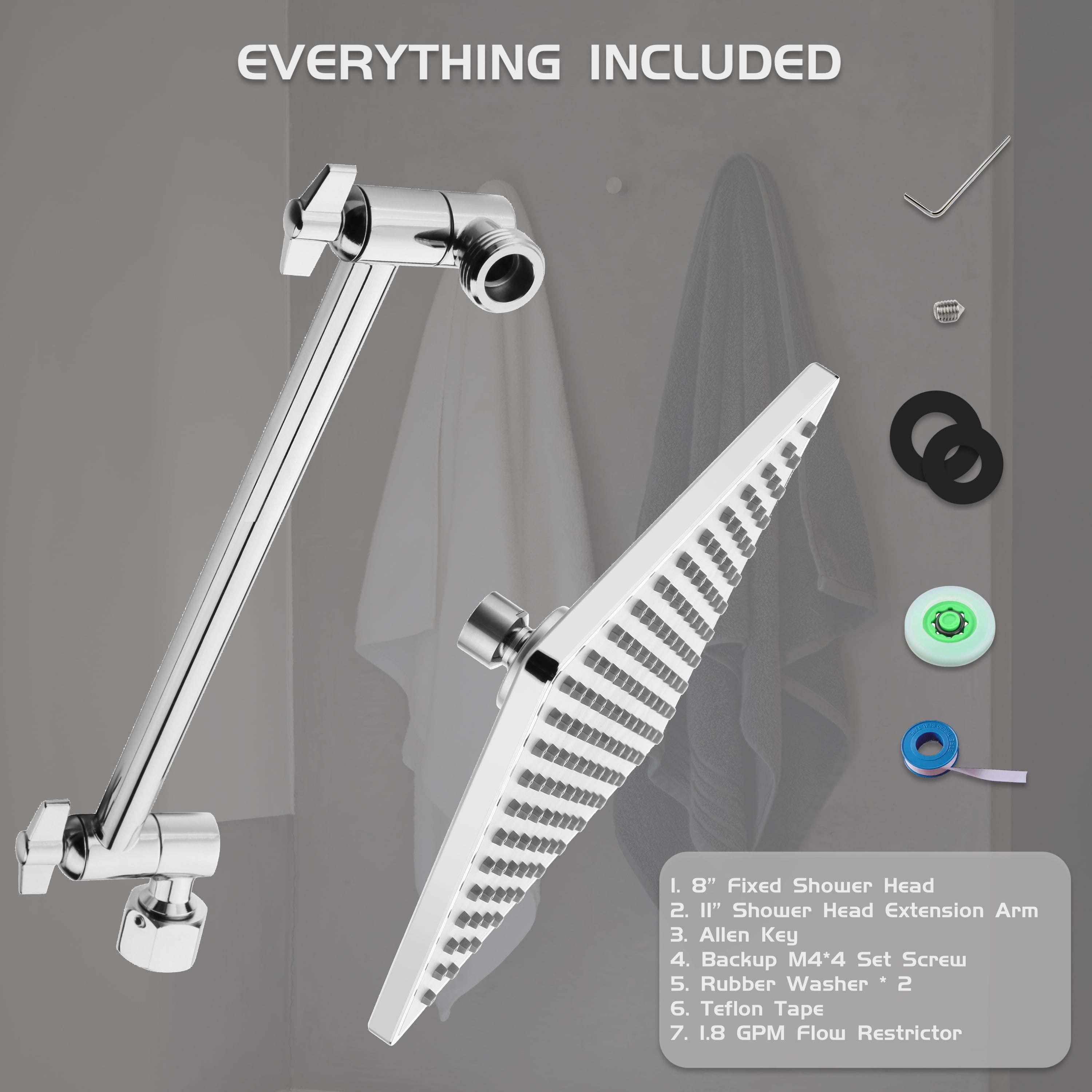 Rain Shower Head, 8'' High Pressure Rainfall Square Showerhead with 11'' Shower Head Extension Arm, Brass Adjustable Shower Arm Extender, Rainfall Waterfall Fixed Showerheads, Chrome