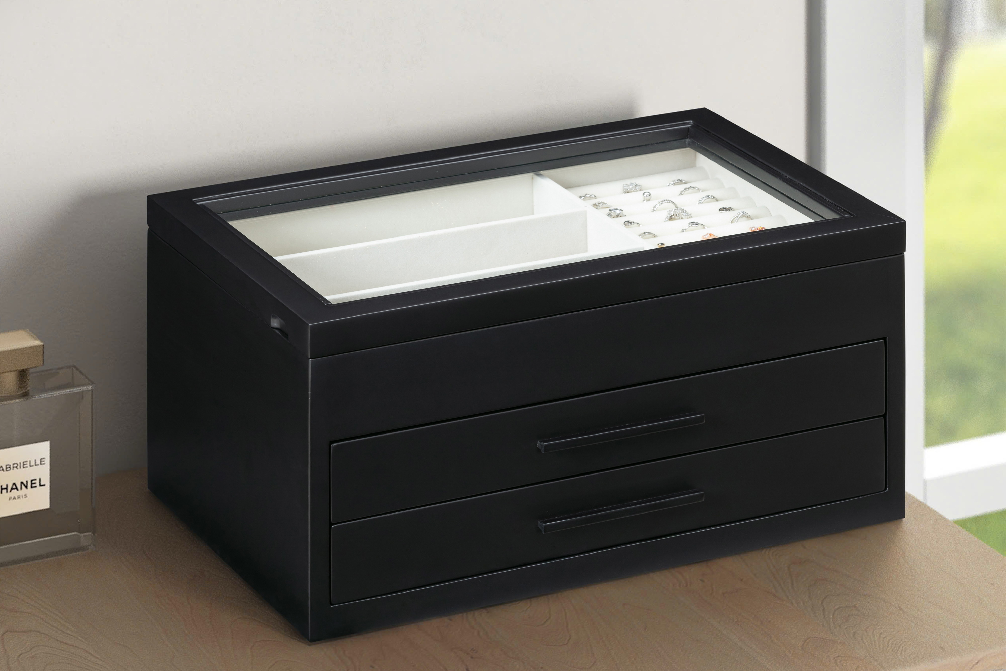Modern Elegant Jewelry Box with 2 Drawers, Large Storage Compartments, Transparent Glass Lid, and Soft Linen for Rings, Necklaces and Earrings