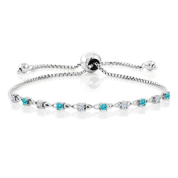 Gem Stone King 925 Sterling Silver Swiss Blue Topaz Bracelet for Women Set with Moissanite (0.73 Cttw)
