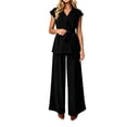 thumbnail image 5 of Naotn Womens Summer 2 Piece Outfits Casual Blazer Collar Short Sleeve Lace Up Shirt and Wide Leg Pants Sets Dressy Business Matching Suit Sets, 5 of 6