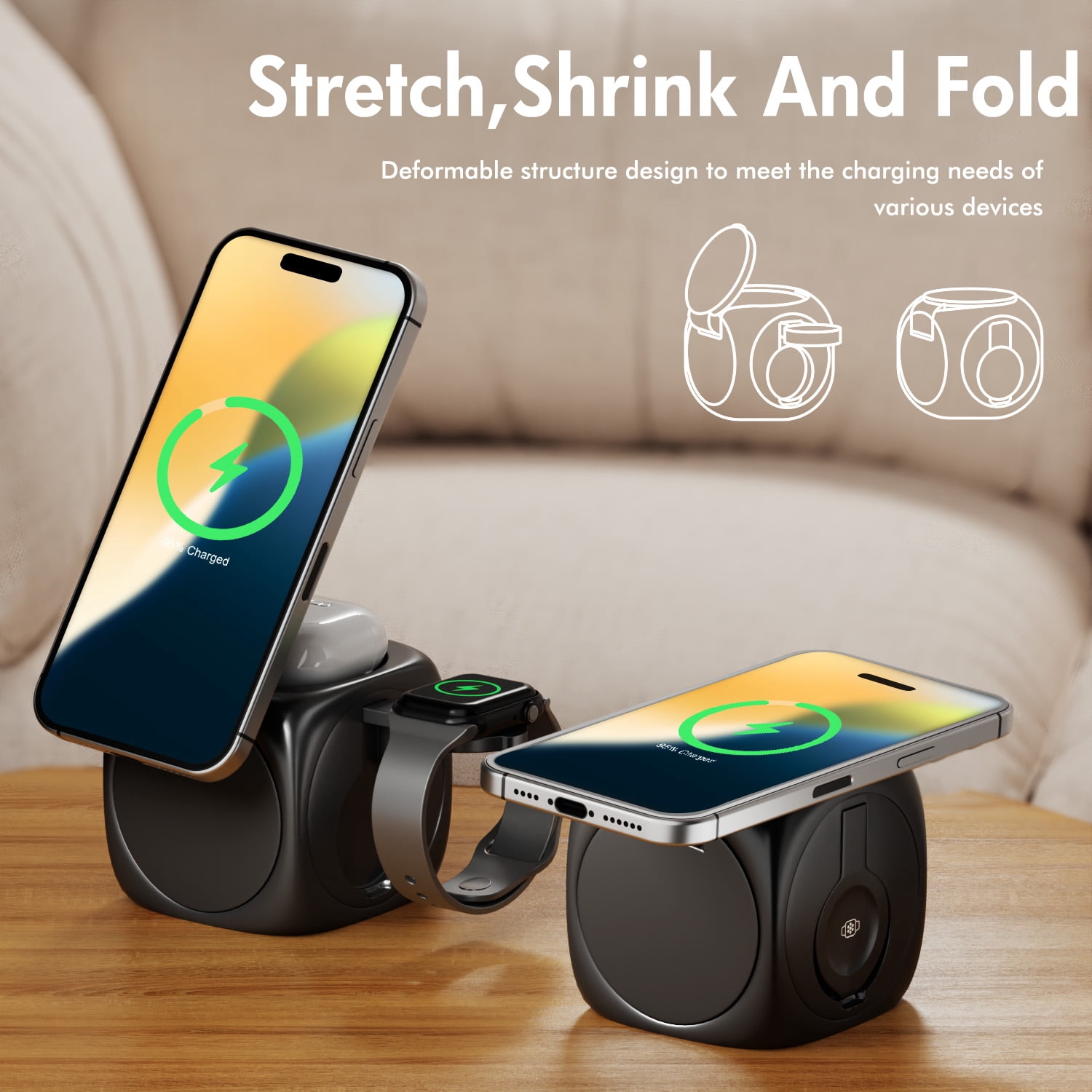 3 in 1 Magnetic Wireless Charger, Compatible with iPhone 16 15 14 13 12 11 8 X XR SE , for Apple Watch Series, for AirPods Pro 4 3 2 1, Portable Stretch Shrink Fold Design for Travel Office(Black)