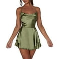 thumbnail image 5 of Riforla Women Soild Backless Short Romper Satin Dress Cowl Neck Tie Ruffle Layer Spaghetti Strap Jumpsuit Mini Dress Summer Elegant Lady Style Dress Dresses for Women Green S, 5 of 7