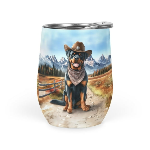 Welcome Fall Western Cowboy Rottweiler Enjoys Majestic Autumn 12oz Stainless Steel Wine Tumbler Insulated Cup with Lid Rottie Dog Lover Gifts Idea - 01007