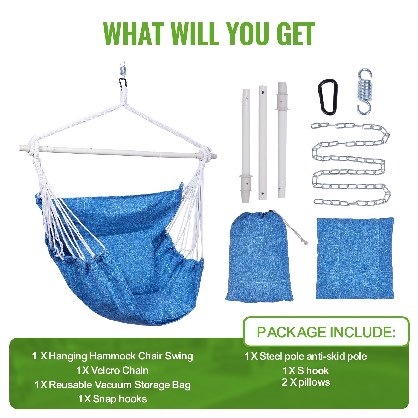 Backyard Expressions Hammock Chair Hanging Rope Swing Chair, 2 Pillows, Anti Slip Steel Spreader Bar
