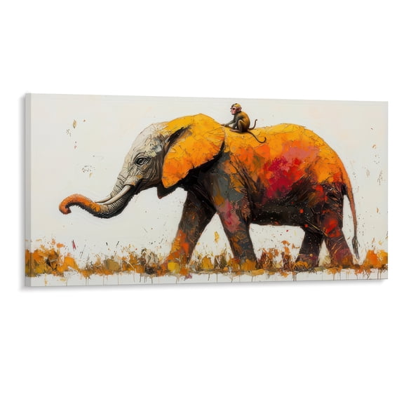 48x24 Inch Framed Canvas Art Print Elephant with Monkey Abstract Wildlife Painting Modern Home Decor Wall Art for Living Room Bedroom