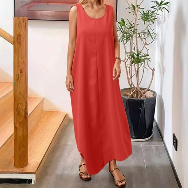 WILLBEST Vestidos Casuales Para Mujer Vestido Informal De Verano Sin Mangas Con Cuello Redondo Y Tirantes Ajustables Y Botones, Vestido Largo Con Bolsillo
