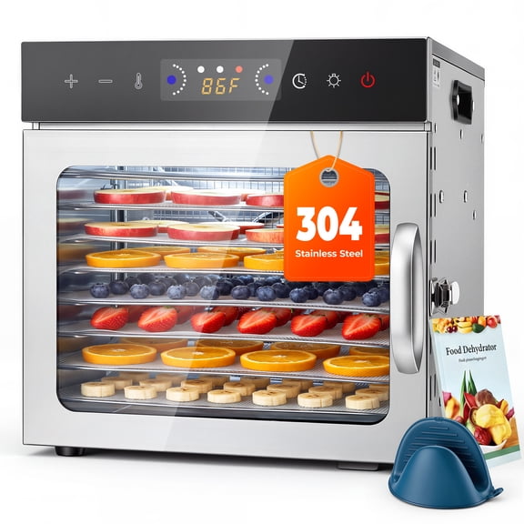 RUIE 12.8L Food Dehydrator with 8 Stainless Steel Trays, Digital Touch Control, Adjustable Temperature & 24H Timer, Glass Door, 400W Food Dryer Machine, Silver