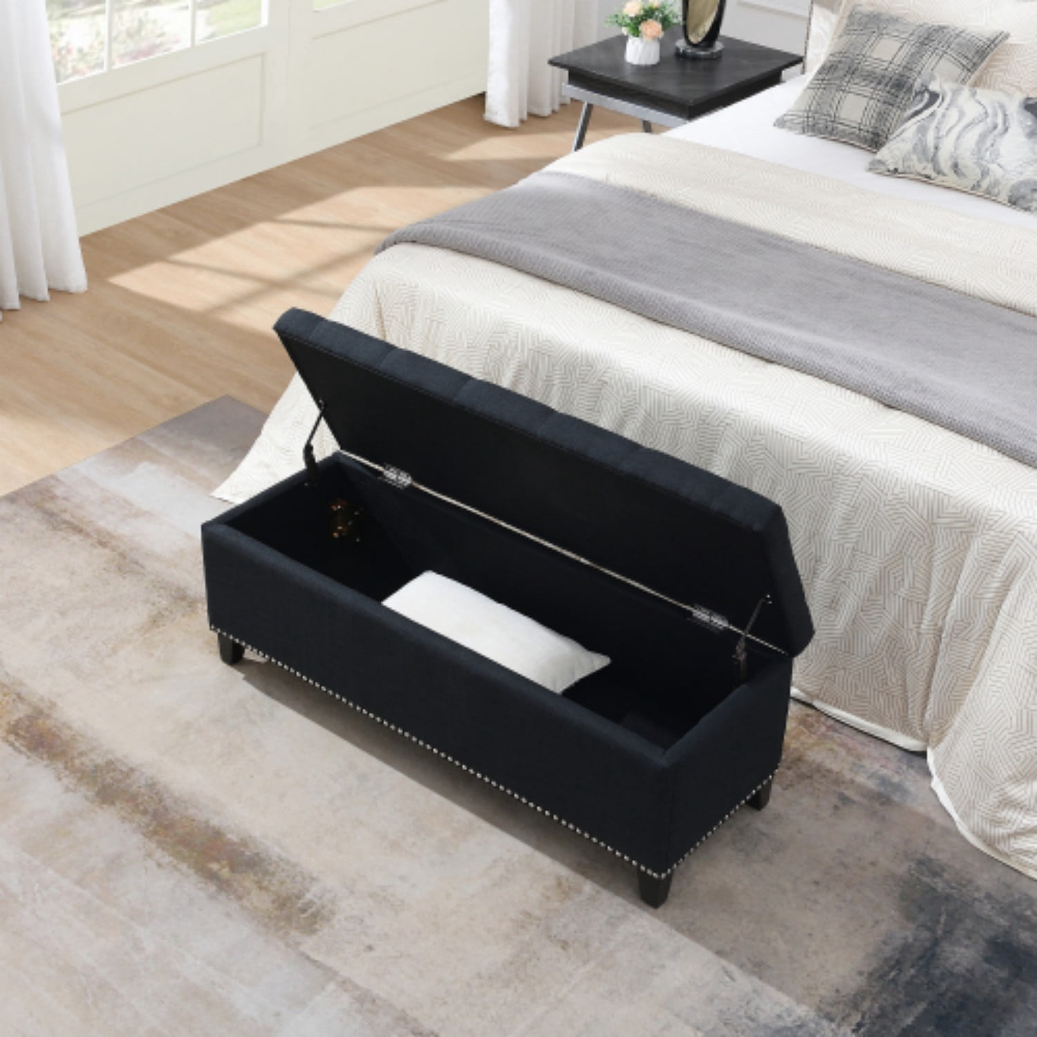 47.5" Storage Ottoman Bench with Safety Hinge, Linen Tufted Storage Bench for Bedroom, Entryway, Living Room, End of Bed Bench, Black