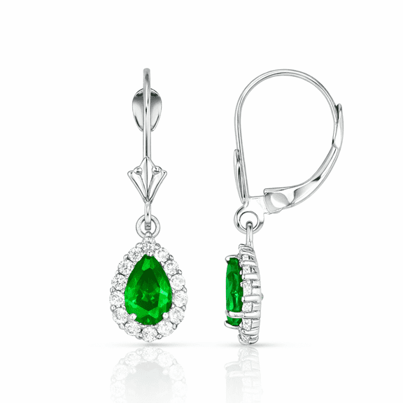 6x4mm Halo Emerald Gemstone Dangle Leverback Earrings In 14K White Gold
